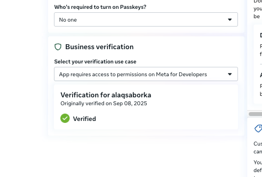Meta Business verification screen showing alaqsaborka as Verified on 8 Sep 2025