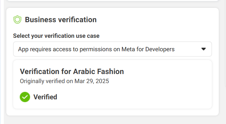 Meta Business verification screen showing Arabic Fashion as Verified on 29 Mar 2025