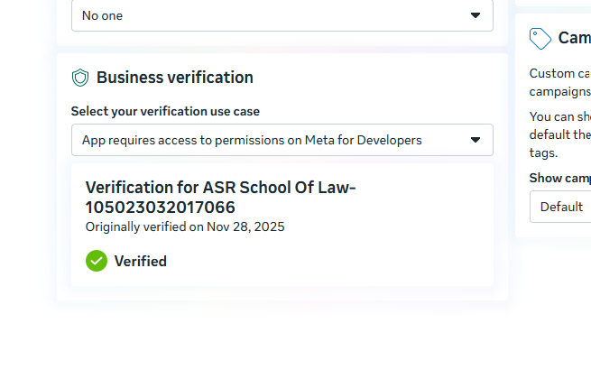 Meta Business verification screen showing ASR School Of Law as Verified on 28 Nov 2025