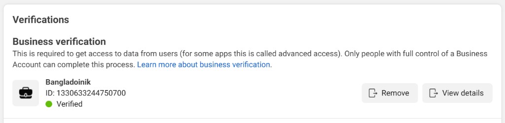 Meta Verifications screen showing Bangladoinik with Verified status