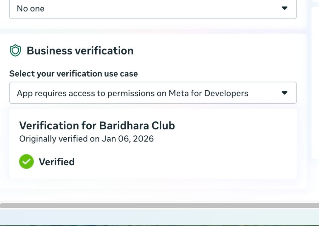Meta Business verification screen showing Baridhara Club as Verified on 6 Jan 2026