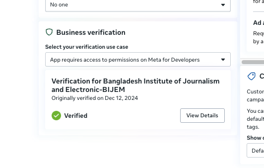 Meta Business verification screen showing BIJEM as Verified on 12 Dec 2024