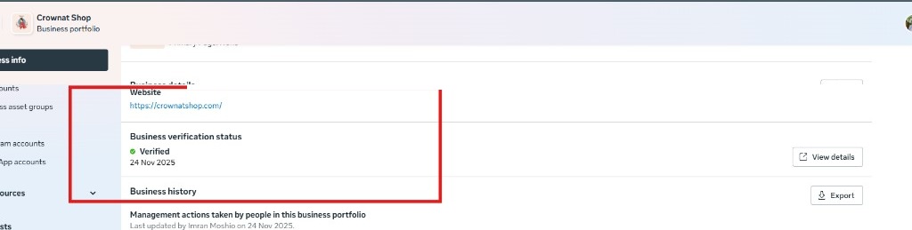 Meta Business info verification status for Crownat Shop showing Verified on 24 Nov 2025