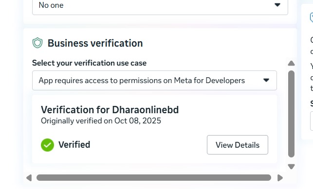 Meta Business verification screen showing Dharaonlinebd as Verified on 8 Oct 2025