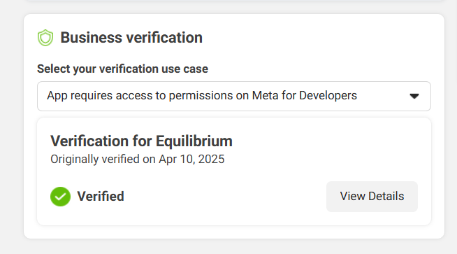 Meta Business verification screen showing Equilibrium as Verified on 10 Apr 2025