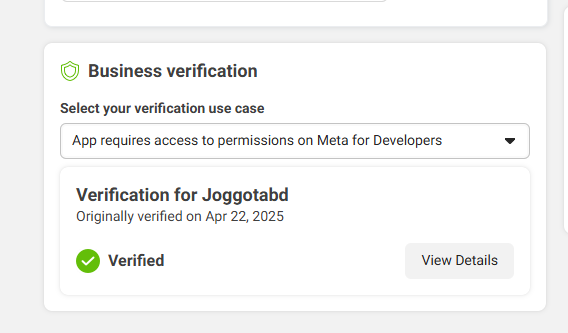 Meta Business verification screen showing Joggotabd as Verified on 22 Apr 2025