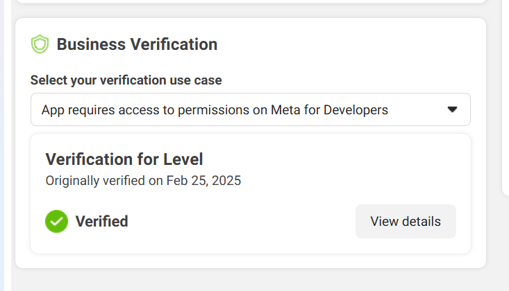 Meta Business verification screen showing Level as Verified on 25 Feb 2025