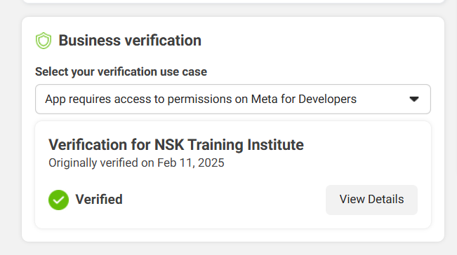 Meta Business verification screen showing NSK Training Institute as Verified on 11 Feb 2025