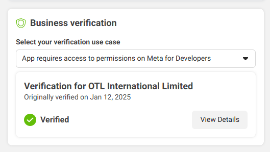 Meta Business verification screen showing OTL International Limited as Verified on 12 Jan 2025
