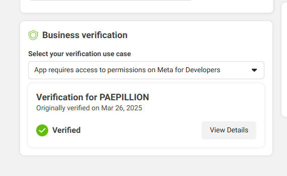 Meta Business verification screen showing PAEPILLION as Verified on 26 Mar 2025