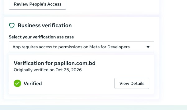 Meta Business verification screen showing papillon.com.bd as Verified on 25 Oct 2026