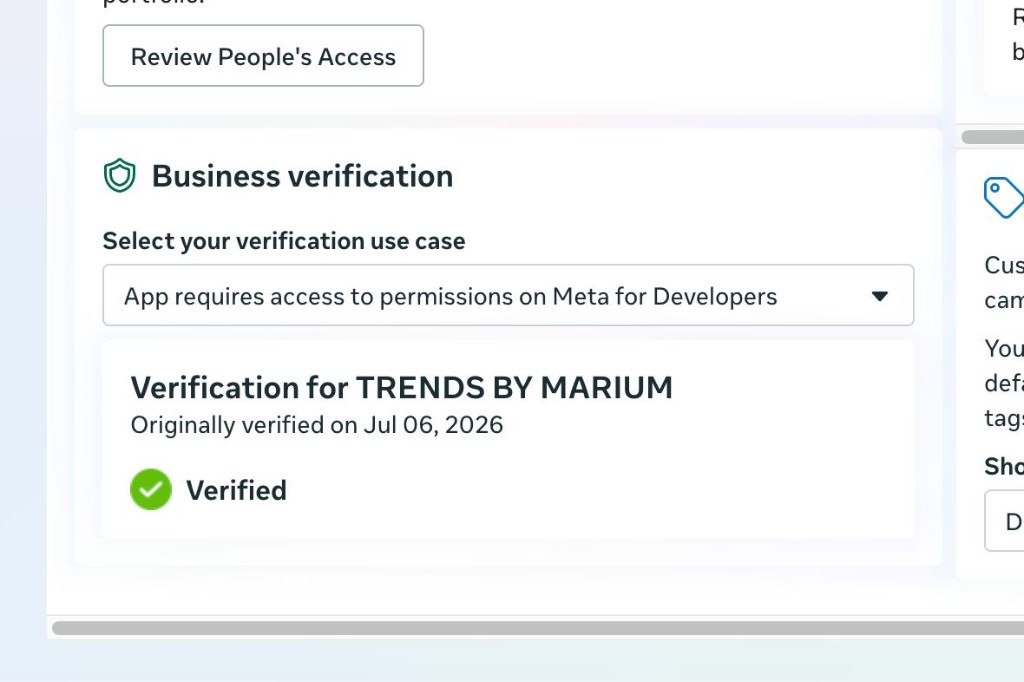 Meta Business verification screen showing TRENDS BY MARIUM as Verified on 6 Jul 2026