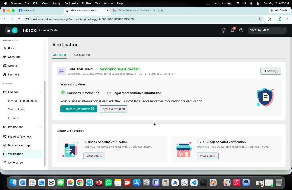 TikTok Business Center verification screen showing ENATURAL MART verification status as Verified